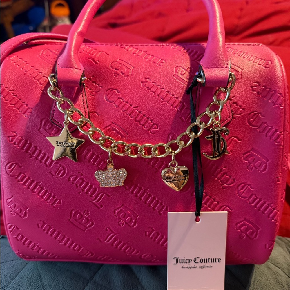 Juicy Couture Bright Pink Embossed Satchel with Gold Charm Chain
